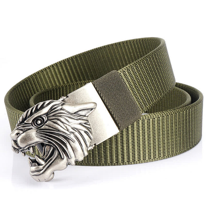 Cintura in nylon con testa di tigre ruggente da uomo - Verde militare / Argento - 48" - image 17
