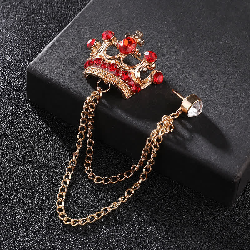 Spilla da uomo con catena a corona retrò e strass - Oro e rosso - image 9