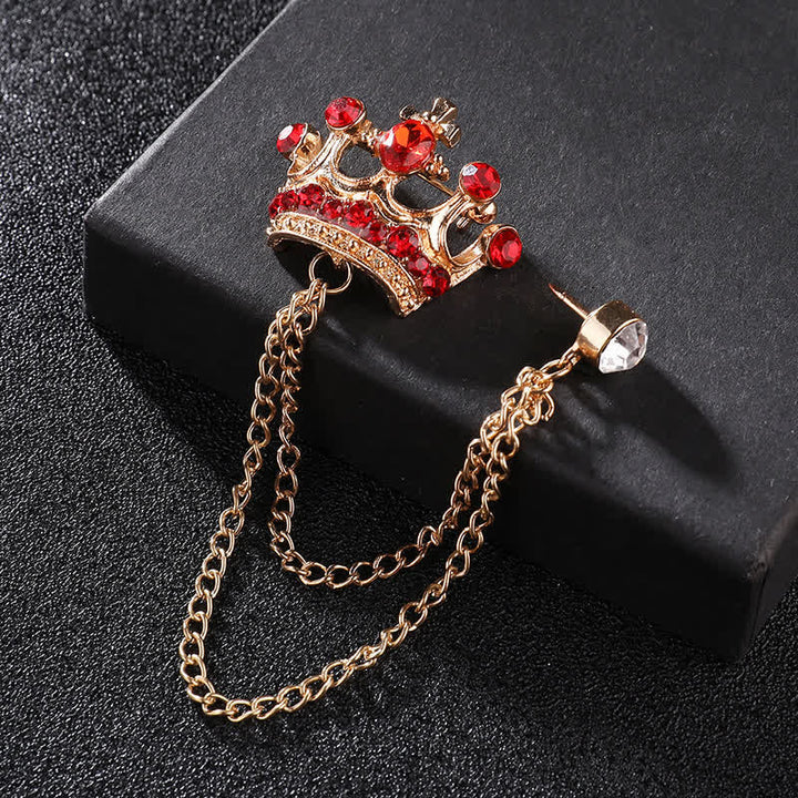 Spilla da uomo con catena a corona retrò e strass - Oro e rosso - image 9