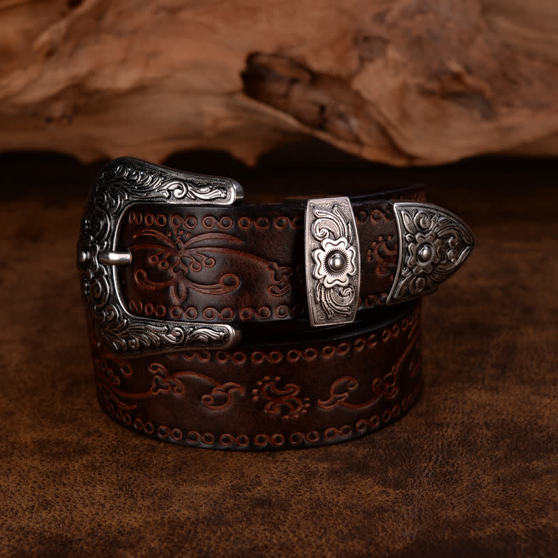 Cintura unisex in pelle con stampa floreale e texture rustica