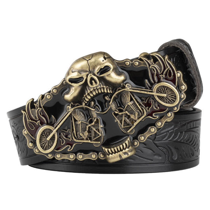 Cintura in pelle da uomo con testa di fantasma da motociclista gotico - Nero / Oro - 46 - image 5