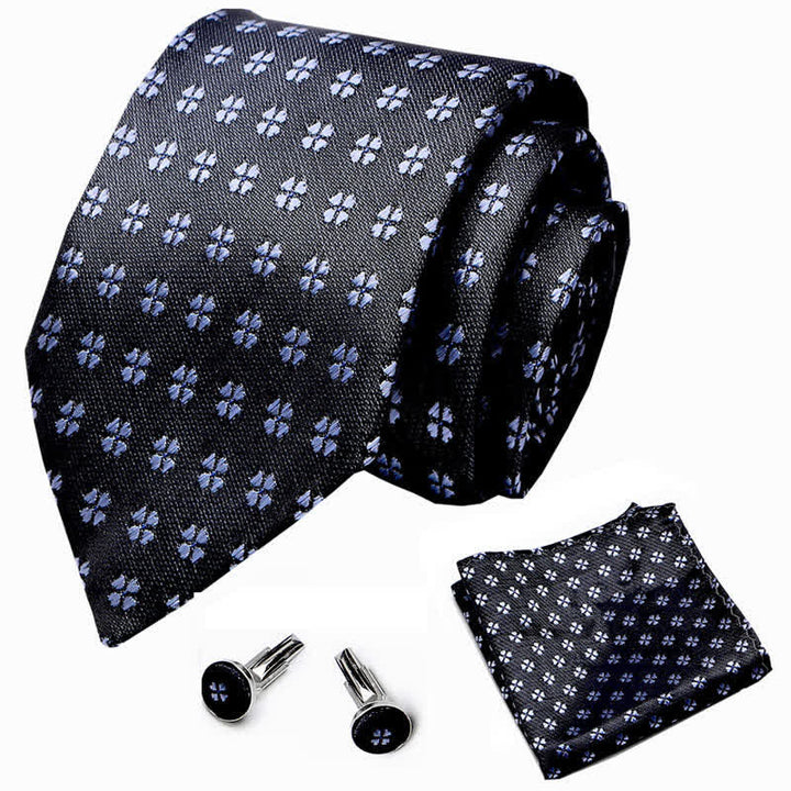 Set di 3 cravatte da uomo nere e blu con motivo a quadrifoglio fortunato 