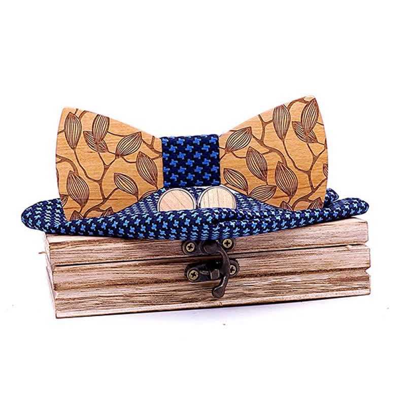 Set di 3 papillon in legno con motivo a foglia da uomo