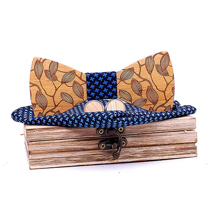 Set di 3 papillon in legno con motivo a foglia da uomo