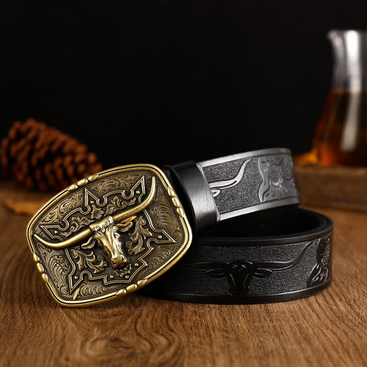 Cintura da uomo in pelle stampata con testa di mucca in stile western