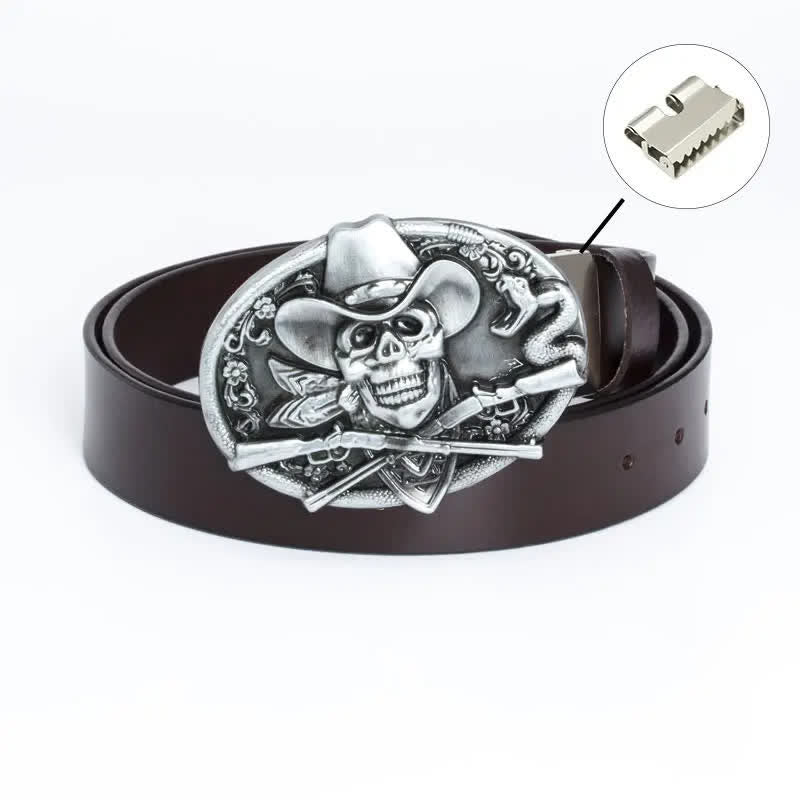 Cintura in pelle da uomo con teschio pirata e pistole incrociate - Legatura di ferro - Marrone / Argento - 46 - image 20