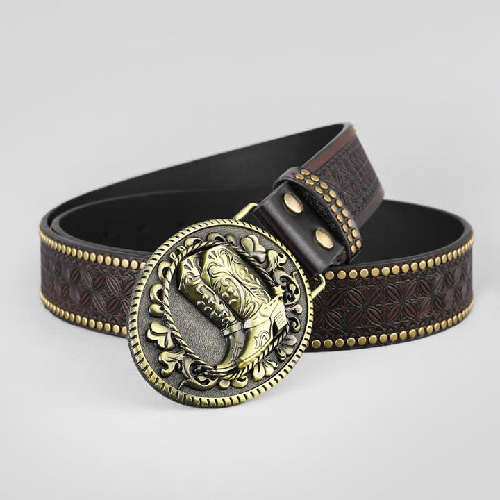 Cintura in pelle con fibbia ovale in bronzo da uomo