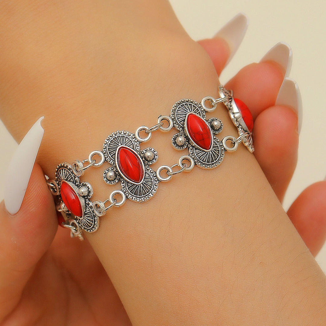 Bracciale vintage boho con turchese marquise e maglie intagliate in argento antico - Rosso - image 1
