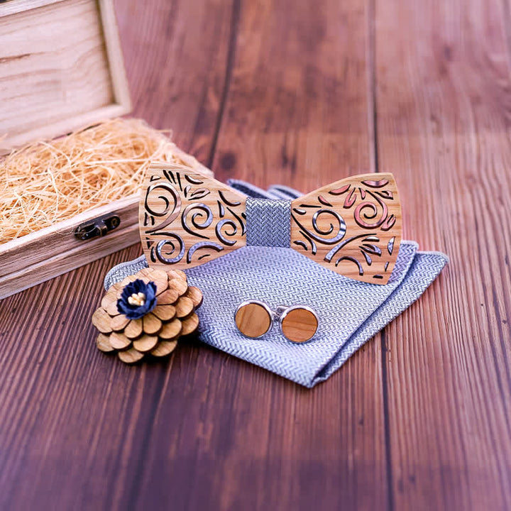 Set di 4 papillon in legno con motivo a foglia cava da uomo