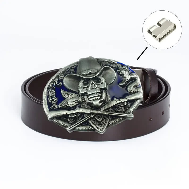 Cintura in pelle da uomo con teschio pirata e pistole incrociate - Legatura di ferro - Smalto marrone/blu - 46 - image 24