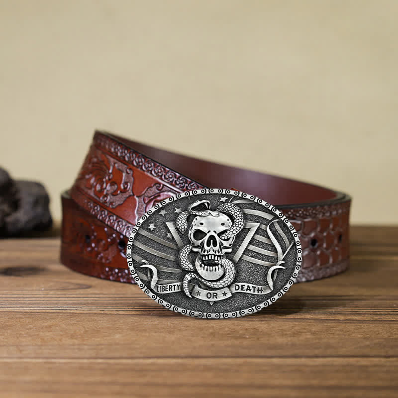 Cintura in pelle fai da te da uomo con fibbia a forma di teschio di serpente "Liberty or Death"