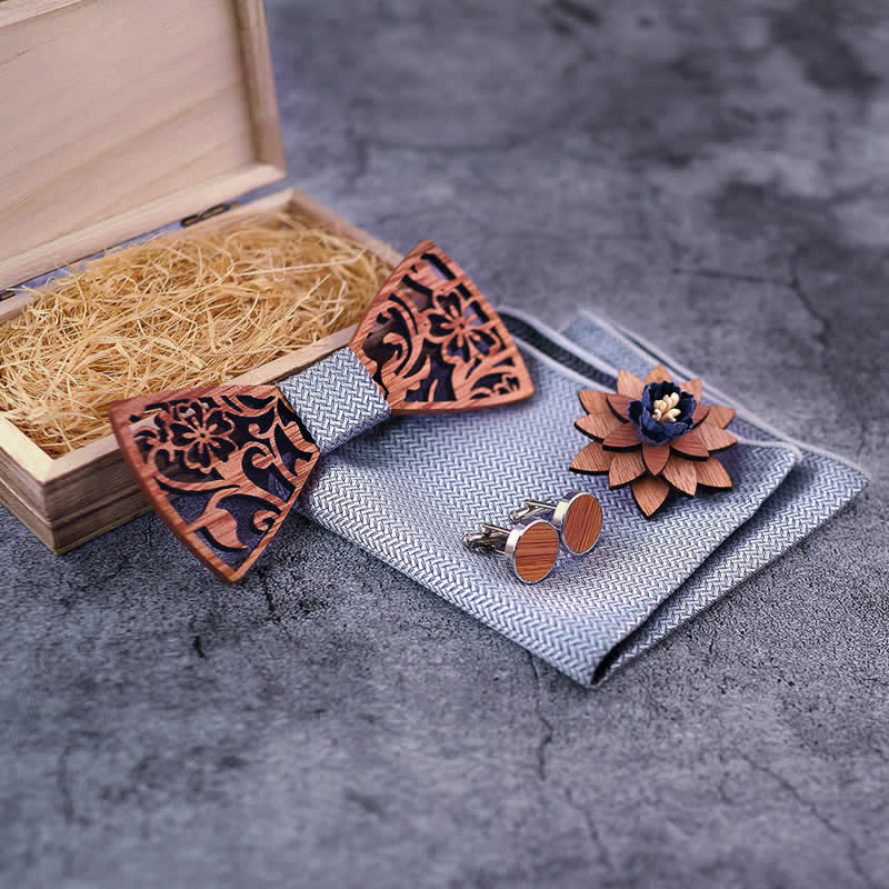 Set di 4 papillon in legno con motivo floreale cavo da uomo