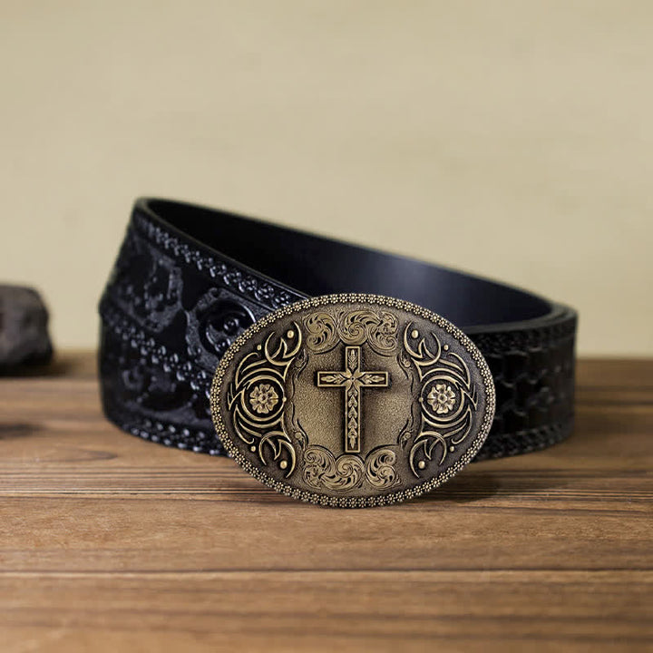 Cintura in pelle con fibbia floreale a croce fai da te da uomo - Bronzo antico - Cintura nera intagliata (40) - image 15