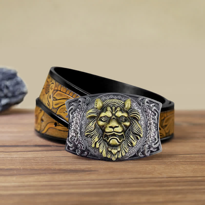 Cintura in pelle con coltello pieghevole nascosto con leone d'oro fai da te da uomo