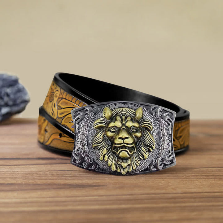 Cintura in pelle con coltello pieghevole nascosto con leone d'oro fai da te da uomo