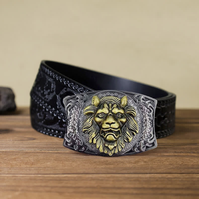 Cintura in pelle con coltello pieghevole nascosto con leone d'oro fai da te da uomo