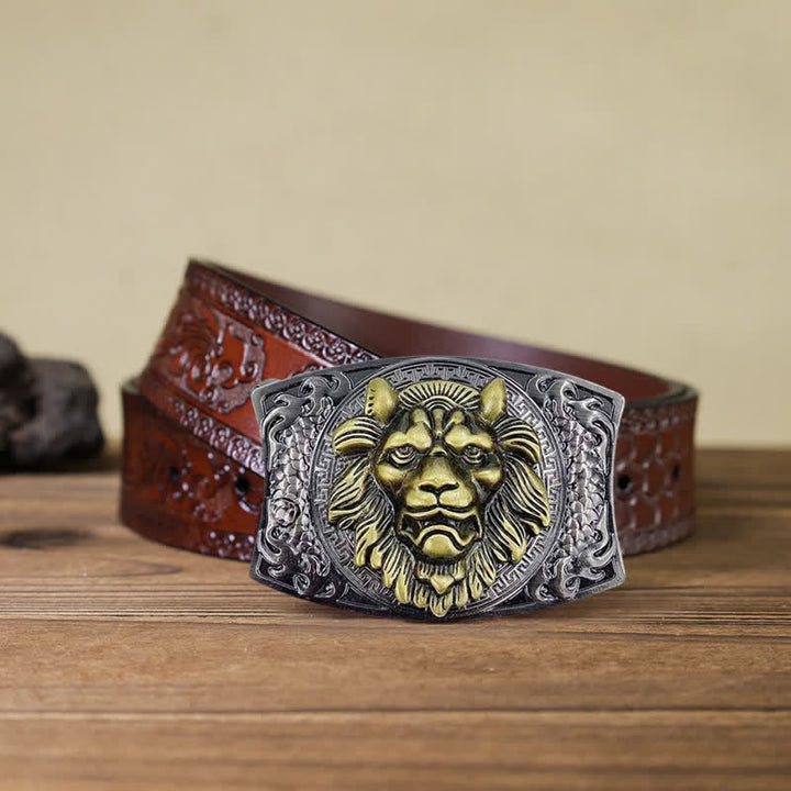 Cintura in pelle con coltello pieghevole nascosto con leone d'oro fai da te da uomo