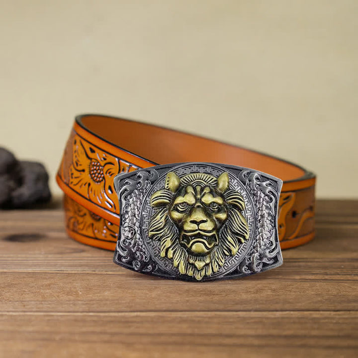 Cintura in pelle con coltello pieghevole nascosto con leone d'oro fai da te da uomo