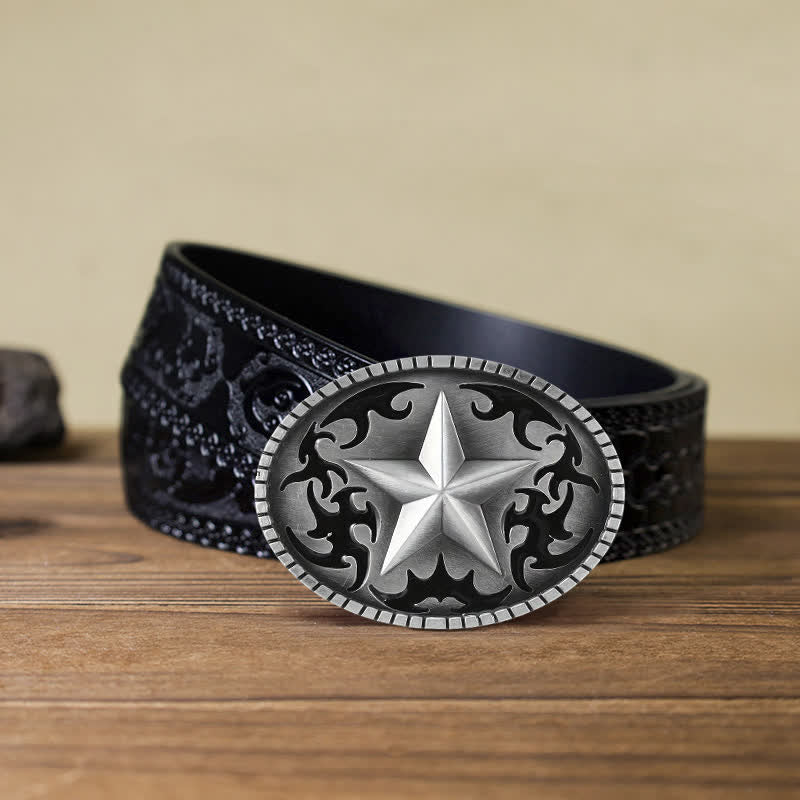 Cintura in pelle con fibbia a stella solitaria in argento fai da te da uomo - Stella - Cintura nera intagliata (40) - image 9