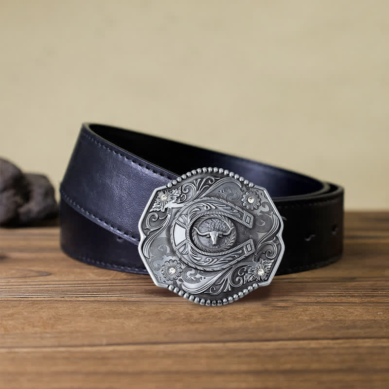 Cintura in pelle con fibbia a forma di toro floreale con strass fai da te da uomo