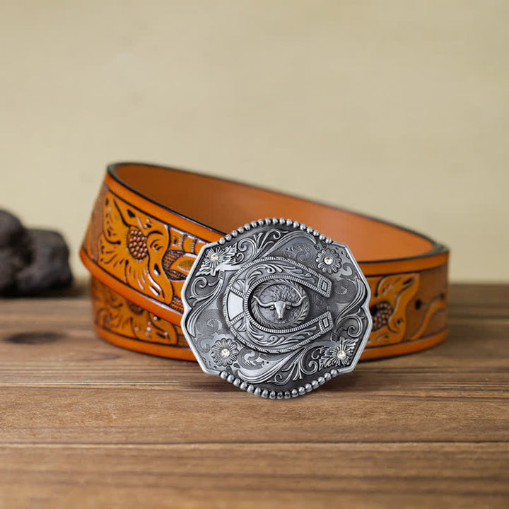 Cintura in pelle con fibbia a forma di toro floreale con strass fai da te da uomo - Toro - Cintura intagliata arancione (40) - image 17