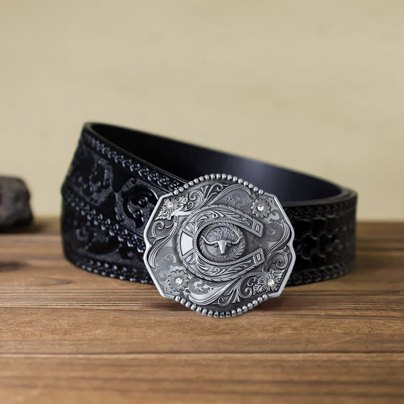 Cintura in pelle con fibbia a forma di toro floreale con strass fai da te da uomo