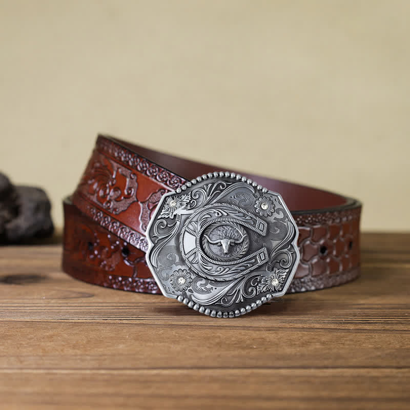 Cintura in pelle con fibbia a forma di toro floreale con strass fai da te da uomo