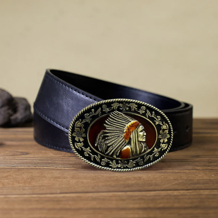 Cintura in pelle con fibbia tribale da capo indiano fai da te da uomo - Bronzo antico - Cintura PU nera (40) - image 5