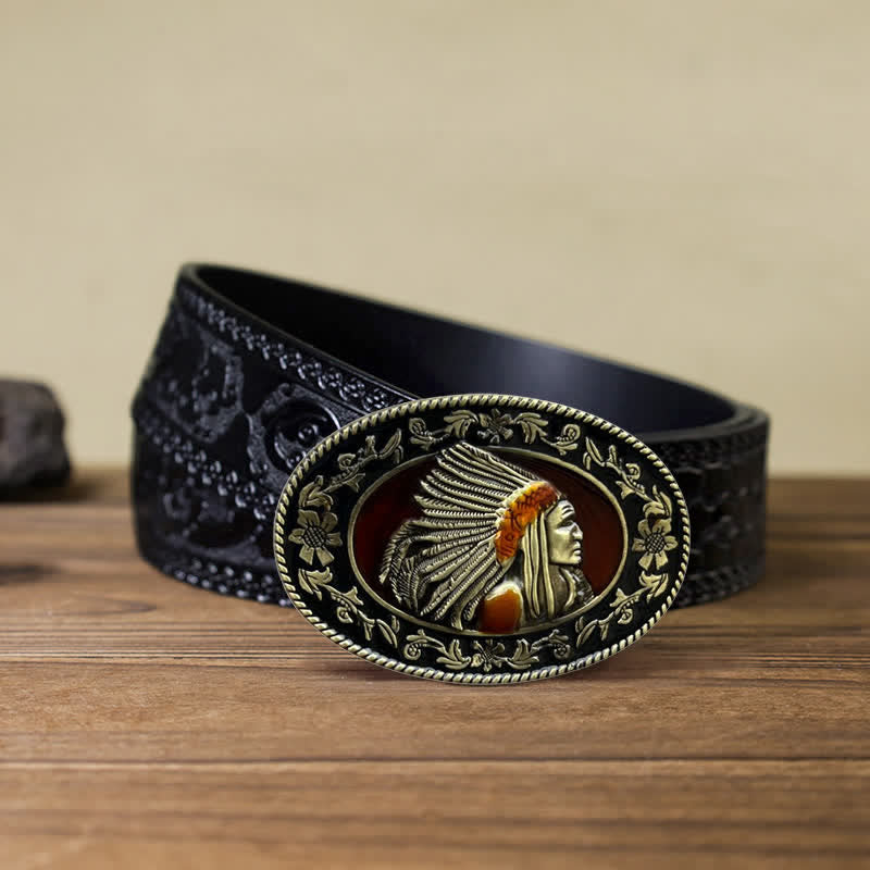 Cintura in pelle con fibbia tribale da capo indiano fai da te da uomo - Bronzo antico - Cintura nera intagliata (40) - image 14