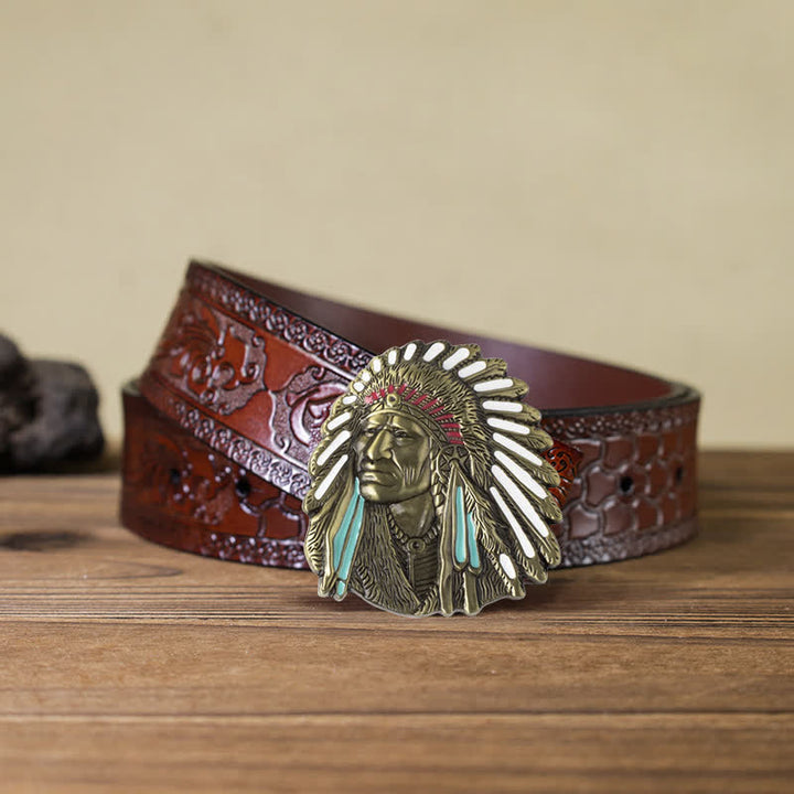 Cintura in pelle con fibbia capo indiano colorata fai da te da uomo