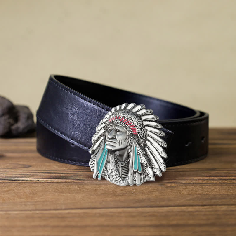 Cintura in pelle con fibbia capo indiano colorata fai da te da uomo