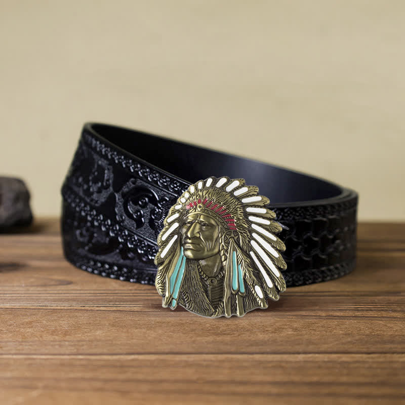 Cintura in pelle con fibbia capo indiano colorata fai da te da uomo