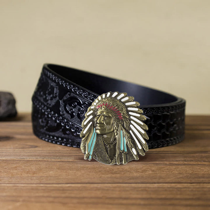 Cintura in pelle con fibbia capo indiano colorata fai da te da uomo