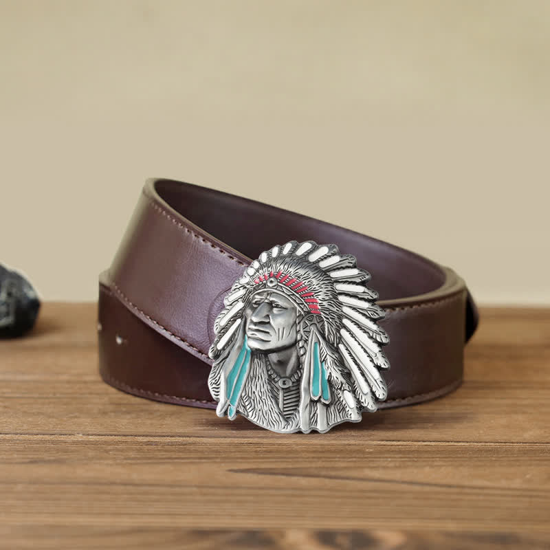 Cintura in pelle con fibbia capo indiano colorata fai da te da uomo