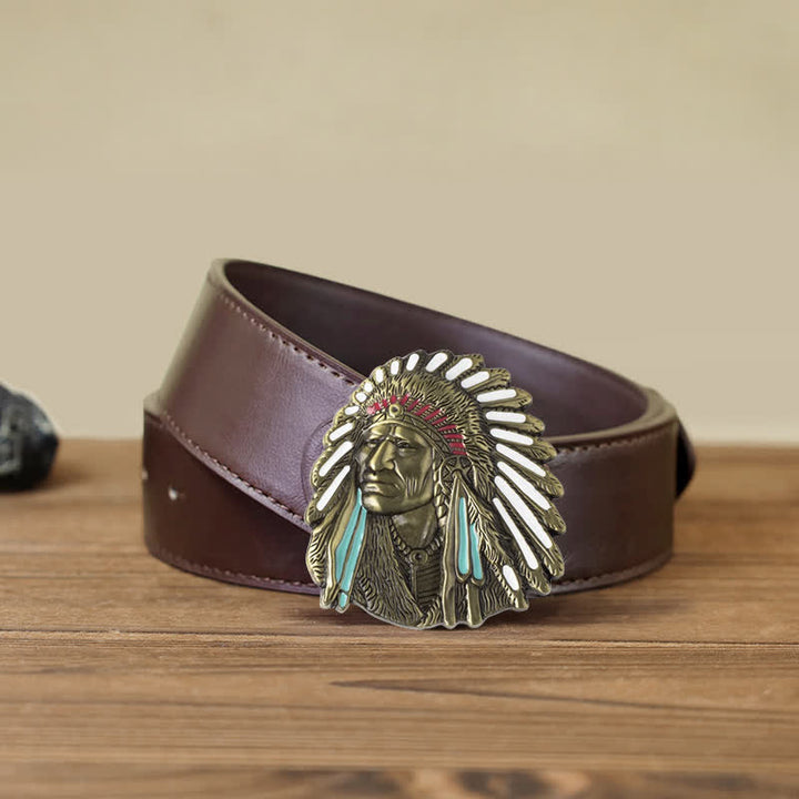 Cintura in pelle con fibbia capo indiano colorata fai da te da uomo - Bronzo antico - Cintura PU marrone (40) - image 13