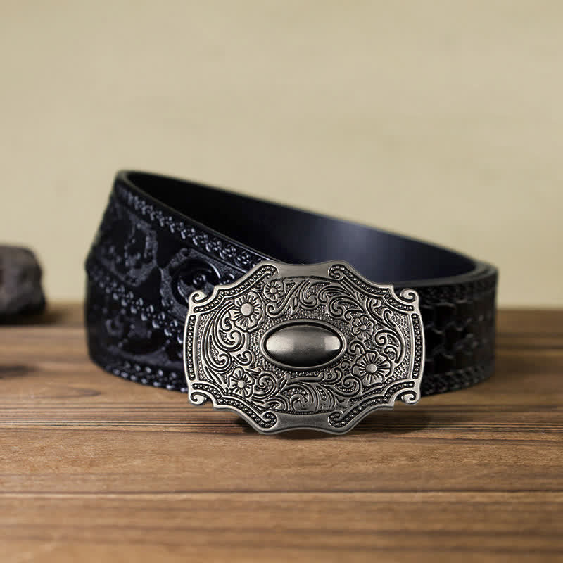 Cintura in pelle con fibbia decorativa floreale incisa fai da te da uomo