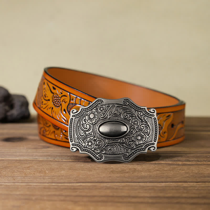 Cintura in pelle con fibbia decorativa floreale incisa fai da te da uomo - Floreale - Cintura intagliata arancione (40)) - image 14