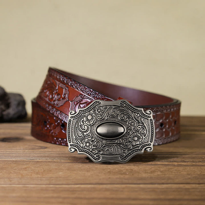 Cintura in pelle con fibbia decorativa floreale incisa fai da te da uomo