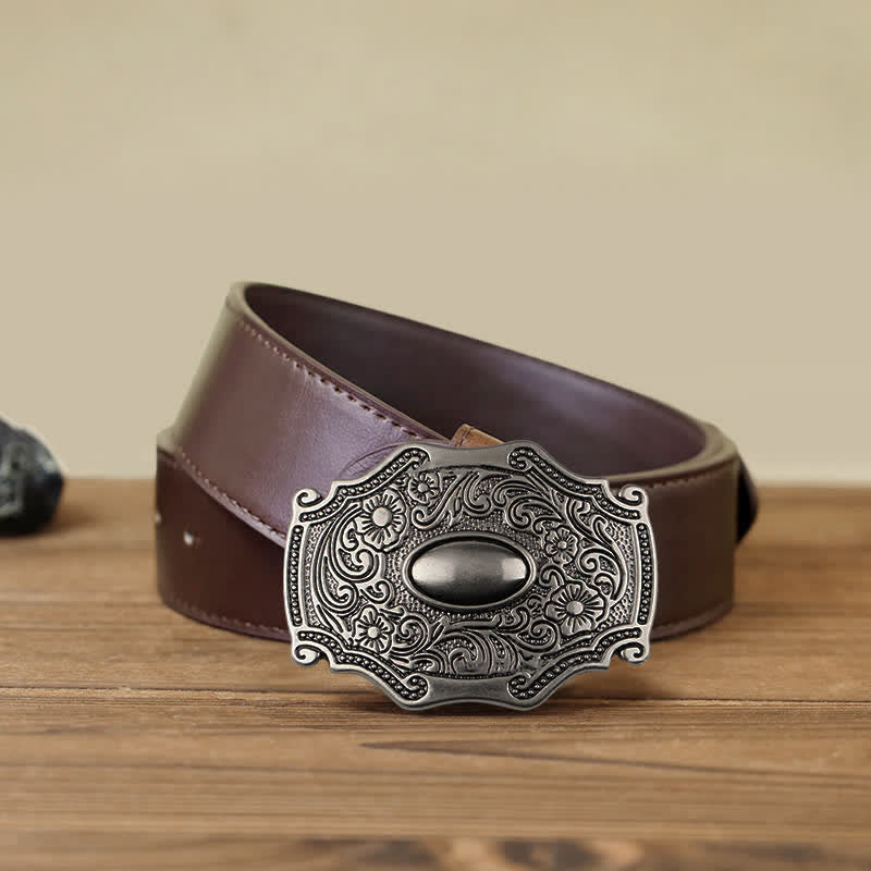 Cintura in pelle con fibbia decorativa floreale incisa fai da te da uomo