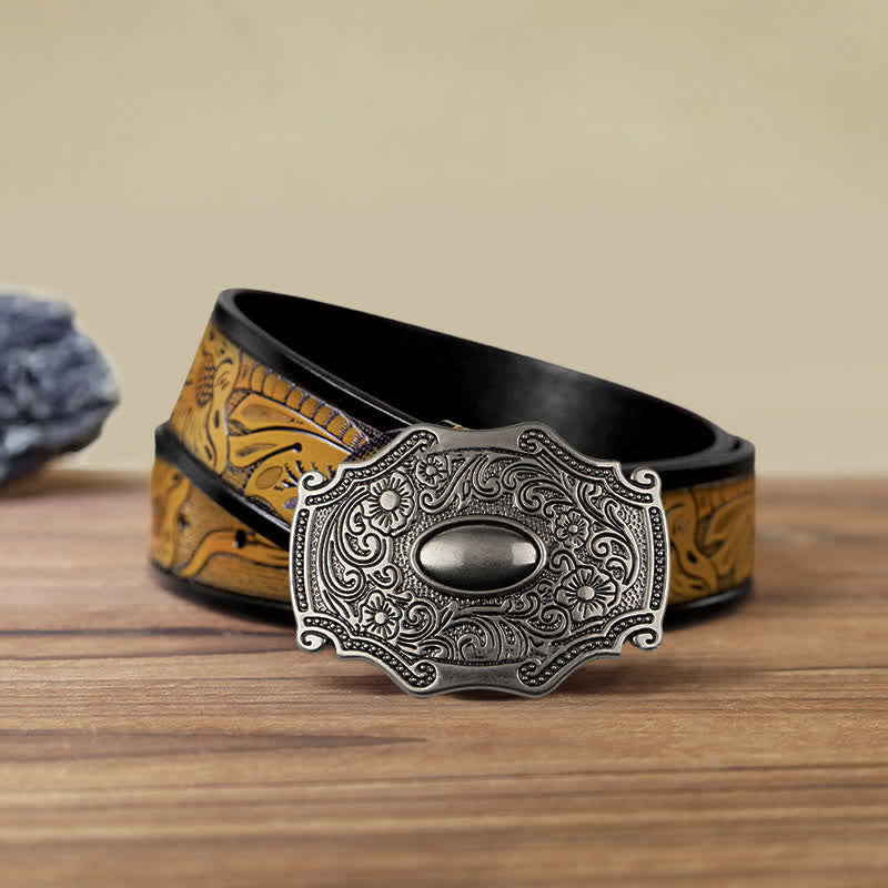 Cintura in pelle con fibbia decorativa floreale incisa fai da te da uomo