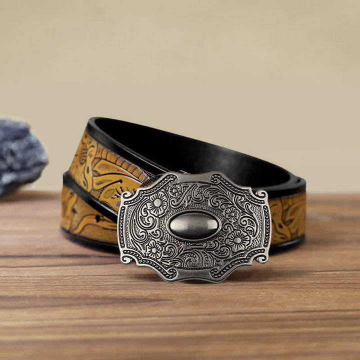 Cintura in pelle con fibbia decorativa floreale incisa fai da te da uomo