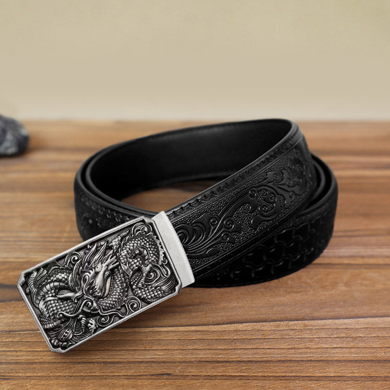Cintura in pelle con fibbia automatica fai da te a forma di drago arrotolato da uomo - Argento antico - Cintura nera con motivo intagliato (115 cm/46 pollici) - image 13