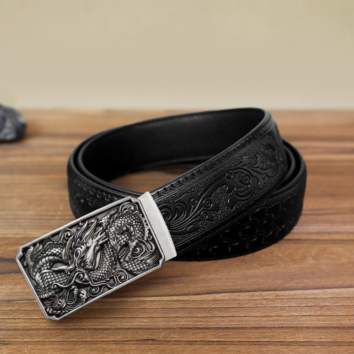 Cintura in pelle con fibbia automatica fai da te a forma di drago arrotolato da uomo - Argento antico - Cintura nera con motivo intagliato (115 cm/46 pollici) - image 13