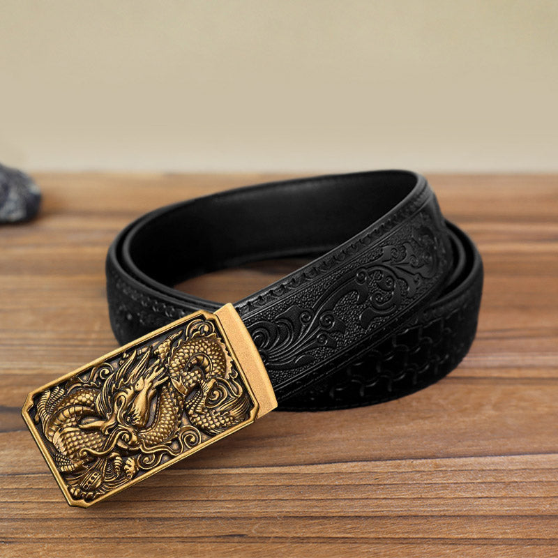 Cintura in pelle con fibbia automatica fai da te a forma di drago arrotolato da uomo - Oro antico - Cintura nera con motivo intagliato (115 cm/46 pollici) - image 4