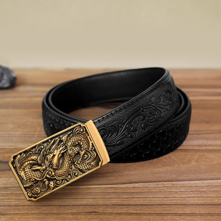 Cintura in pelle con fibbia automatica fai da te a forma di drago arrotolato da uomo - Oro antico - Cintura nera con motivo intagliato (115 cm/46 pollici) - image 4