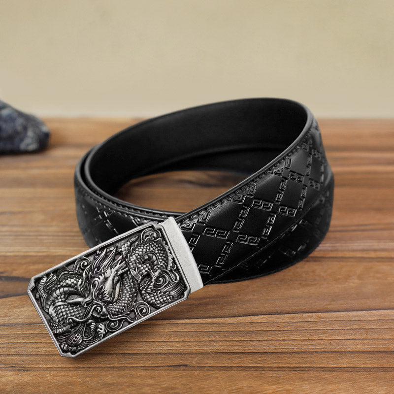 Cintura in pelle con fibbia automatica fai da te a forma di drago arrotolato da uomo - Argento antico - Cintura con motivo a diamante nero (115 cm/46 pollici) - image 11