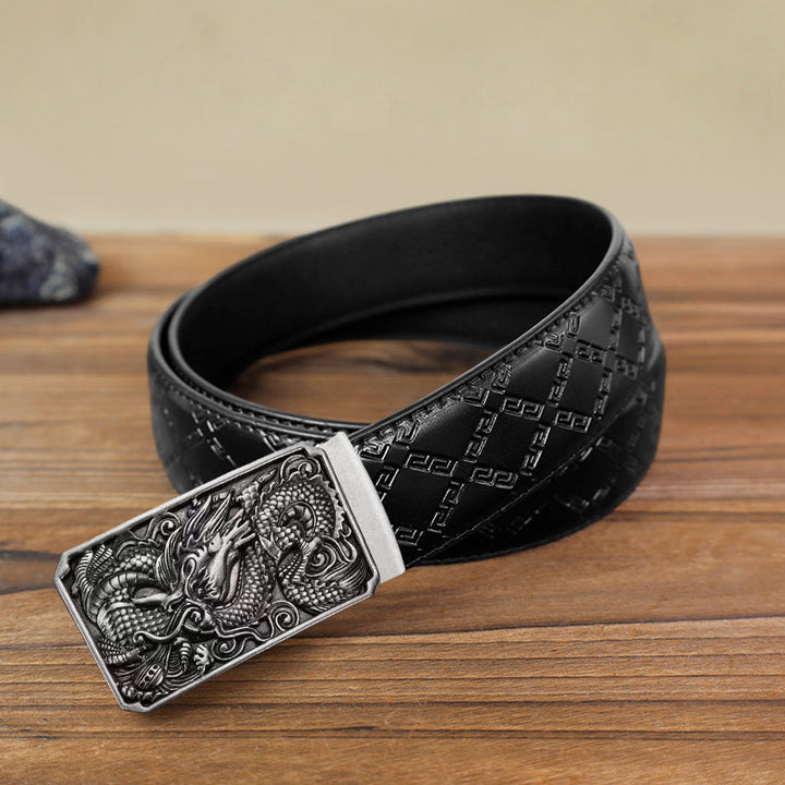 Cintura in pelle con fibbia automatica fai da te a forma di drago arrotolato da uomo - Argento antico - Cintura con motivo a diamante nero (115 cm/46 pollici) - image 11