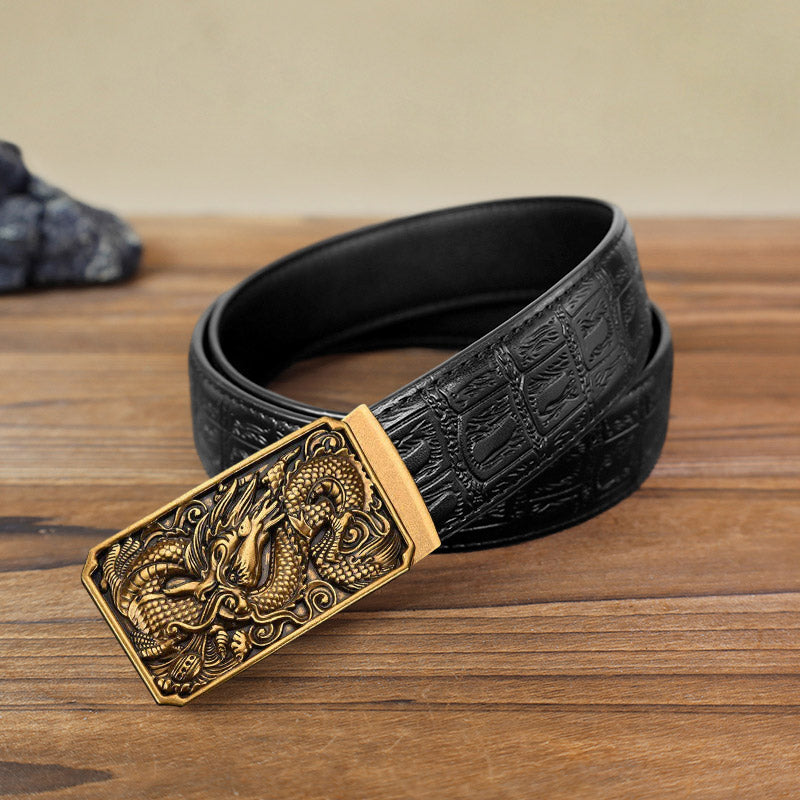 Cintura in pelle con fibbia automatica fai da te a forma di drago arrotolato da uomo - Oro antico - Cintura con motivo serpente nero (115 cm/46 pollici) - image 3