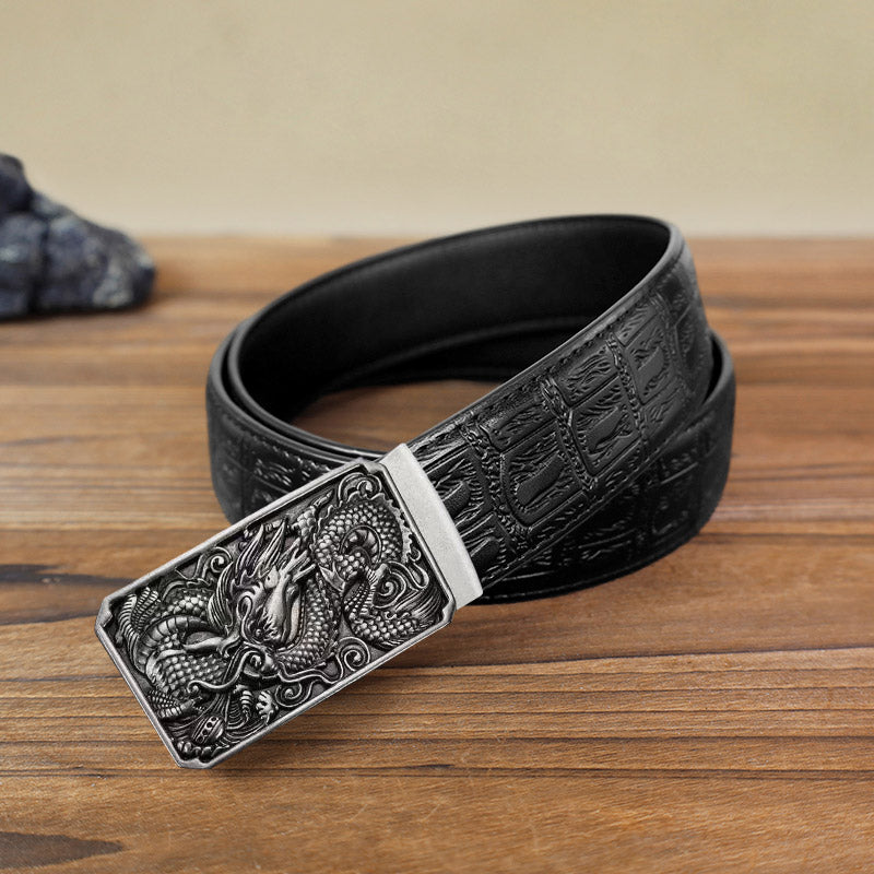 Cintura in pelle con fibbia automatica fai da te a forma di drago arrotolato da uomo - Argento antico - Cintura con motivo serpente nero (115 cm/46 pollici) - image 12