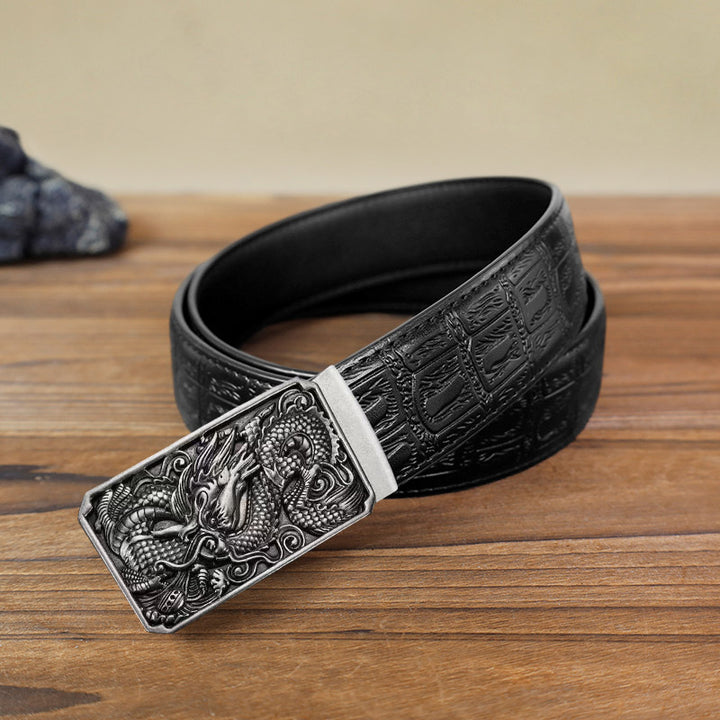 Cintura in pelle con fibbia automatica fai da te a forma di drago arrotolato da uomo - Argento antico - Cintura con motivo serpente nero (115 cm/46 pollici) - image 12